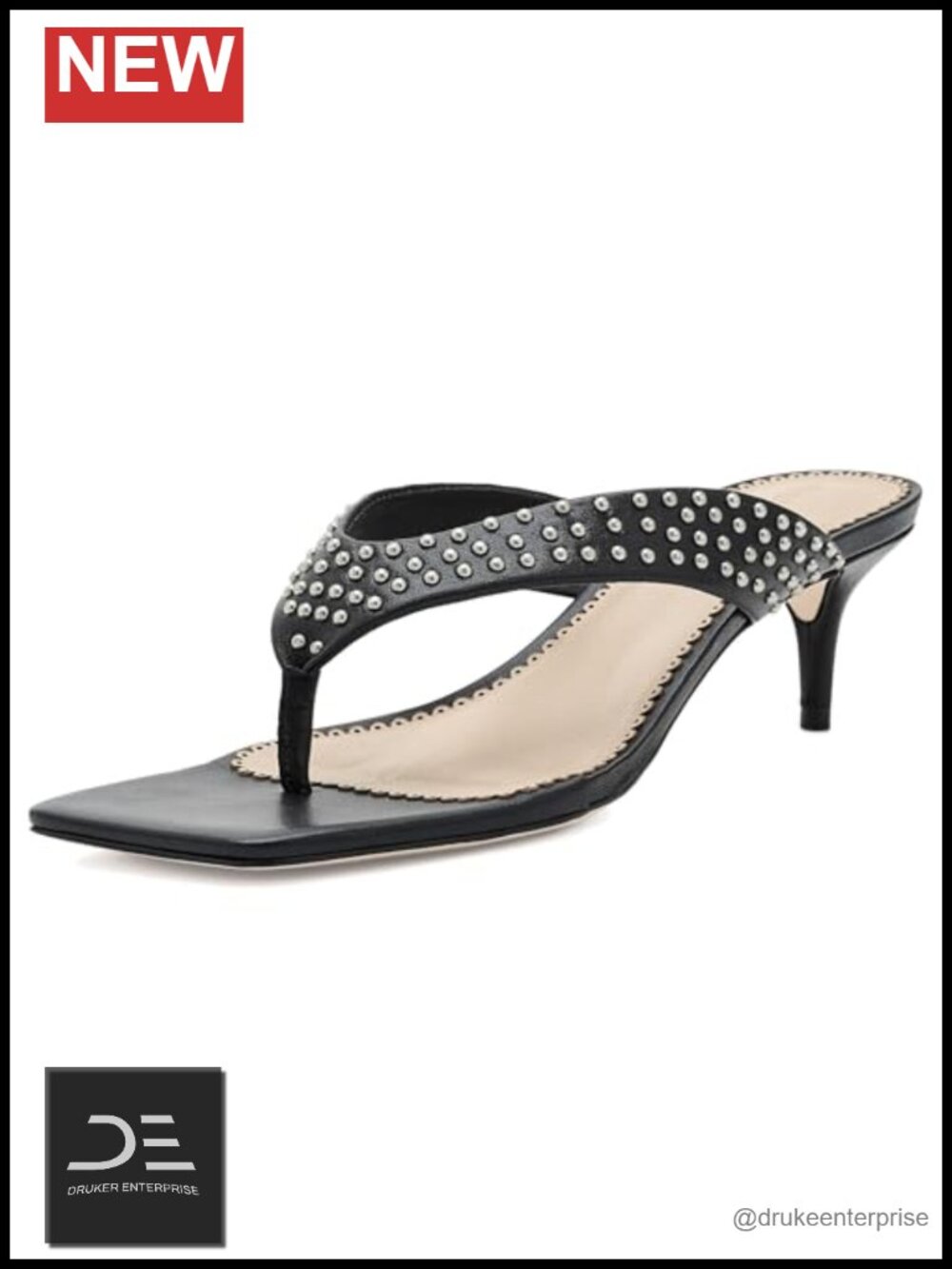 Studded Leather Kitten Heel Sandals Slip On Women's Shoes